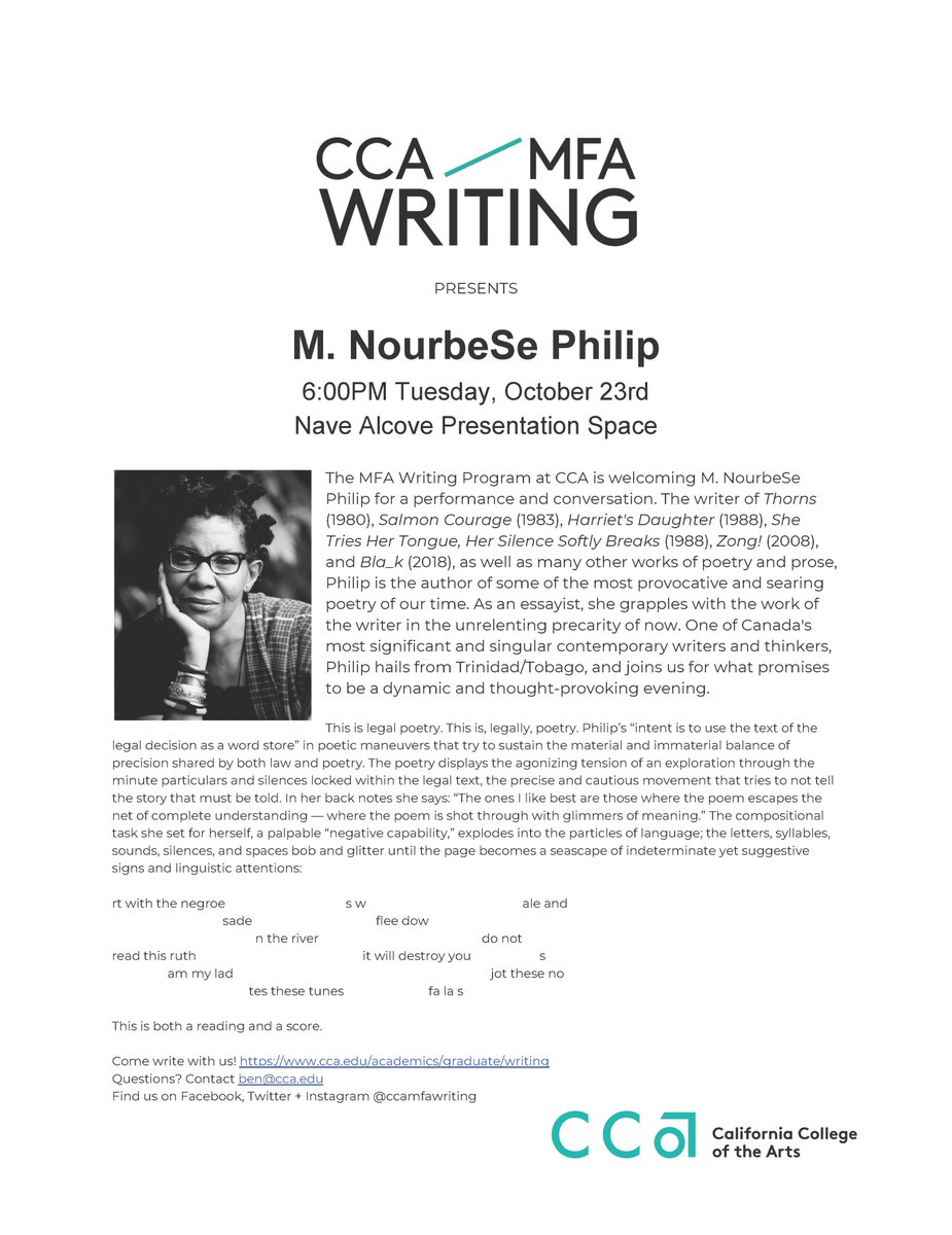 CCAMFAWriting's tweet image. Excited to spread the word about world-renowned author M. NourbeSe Philip’s FREE performance 6PM Tuesday, October 23rd  at California College of the Arts 1111 8th Street, San Francisco. Register at tinyurl.com/y7v38rfw