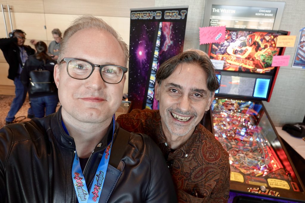 marcsilk's tweet photo. Great to chat with George Gomez at @PinballExpoOfc A game designing legend. Cool guy too! #SpyHunter #Tron #MonsterBash #RevengeFromMars #Batman #Deadpool #Pinball https://t.co/tsrtPyOPEU