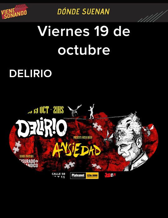 #DóndeSuenan Viernes 19 de octubre
<a href="/Delirio_rnr/">Delirio Rock & Roll</a> presenta su nuevo disco "Ansiedad" en el Teatro Sala Ópera (La Plata) a las 21 hs. Banda invitada <a href="/FPSPoficial/">FisuradoYParanoico</a> 
Toda la info en:vienesonando.weebly.com/doacutende-sue…