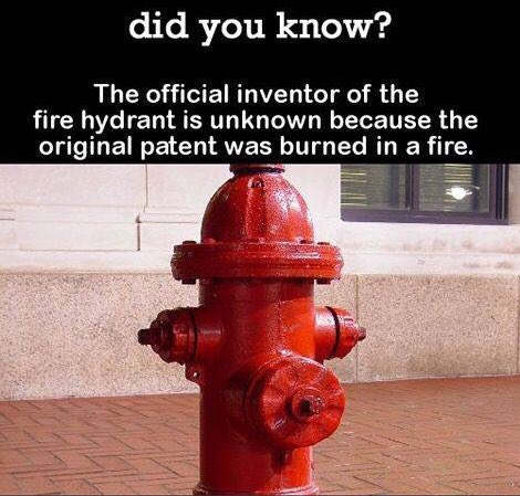 MYSTVolFireDept's tweet photo. Did you know? The official inventor of the fire hydrant is unknown because the original patent was burned in a fire. https://t.co/LbDIZ30Ulr