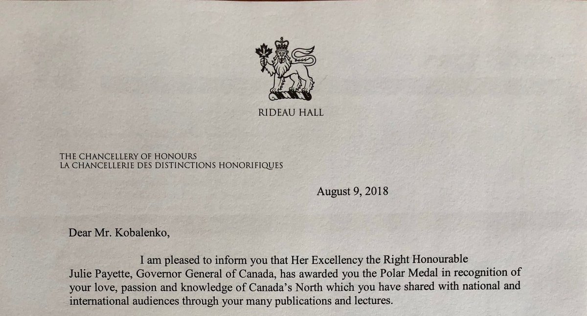 JerryKobalenko's tweet image. On Saturday, I'm off to Regina to receive the Polar Medal from the  Governor General. Obviously, a huge surprise. It's not false modesty to say that there are many worthy candidates out there. I've never pursued  such honours, but I'm as delighted as anyone when they come.