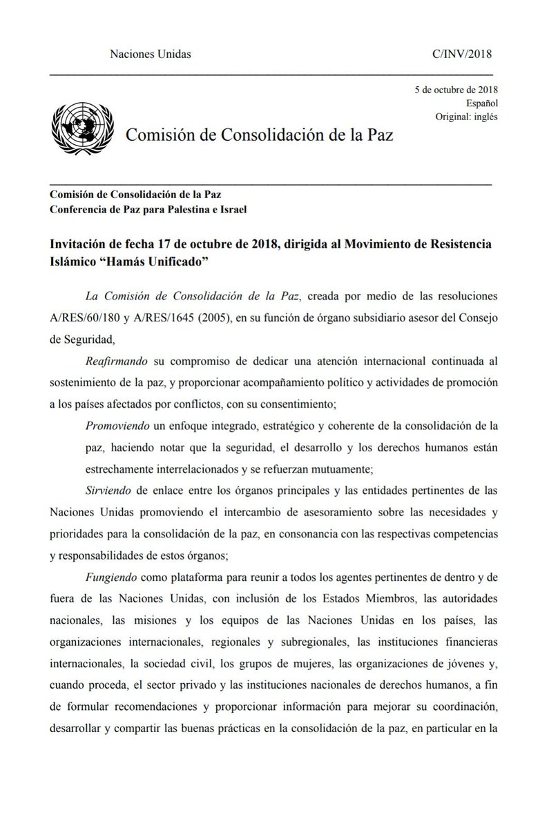 CponuC's tweet photo. Naciones Unidas en aras de mantener siempre transparencia en su actuar, hacemos pública la invitación que se hizo llegar al movimiento de resistencia islámico Hamas unificado. Esto con el fin de siempre buscar el diálogo ante todo con un actor no estatal fundamental para la paz. https://t.co/uyIyhxJ0lO