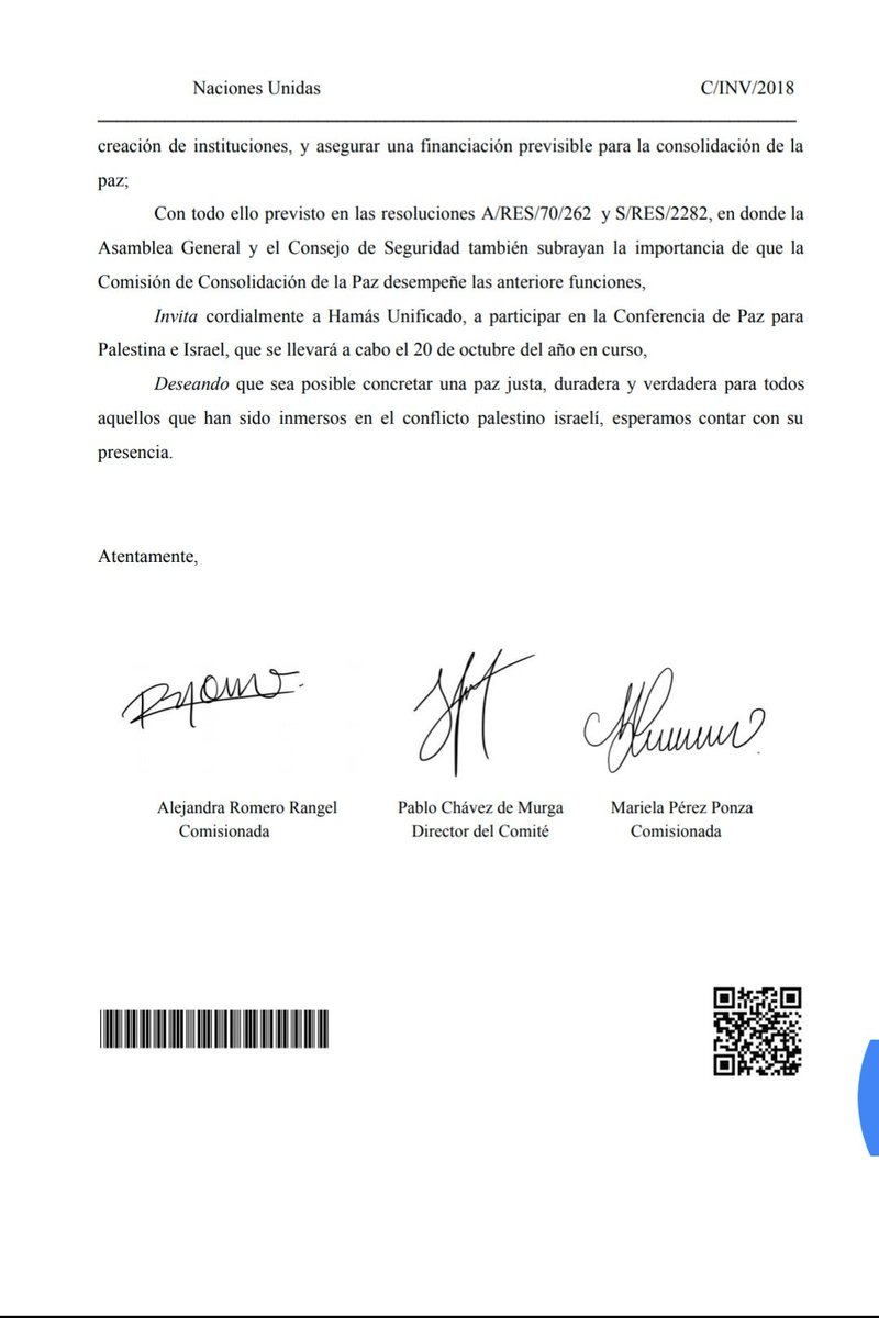 CponuC's tweet photo. Naciones Unidas en aras de mantener siempre transparencia en su actuar, hacemos pública la invitación que se hizo llegar al movimiento de resistencia islámico Hamas unificado. Esto con el fin de siempre buscar el diálogo ante todo con un actor no estatal fundamental para la paz. https://t.co/uyIyhxJ0lO
