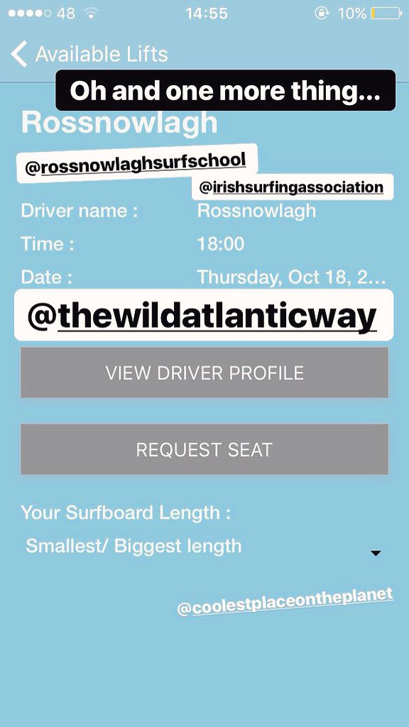 AVAILABLE LIFT this evening FROM Dublin TO #Rossnowlagh! 
Get downloading the Surf Sharing app (for free 🙏)
and make those Seat Requests- Surf Sharing will even send you all a custom Fuel ⛽️ Cost 💶Estimate to be evenly split !
#liftsharing #surf #carpool #app #surfsaveandshare