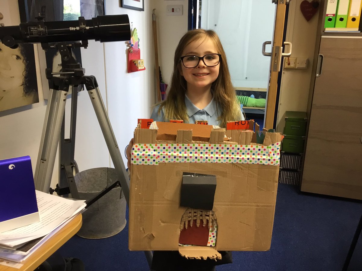 FrodManor's tweet photo. S proudly showing off her castle model she made at home following Carroll Class’ visit to Beeston Castle this week #lotsofdetail https://t.co/OPcrAdsEwr