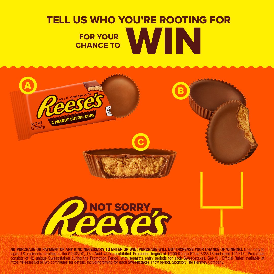 reeses's tweet image. What’s your plan for watching the games? 
A. REESE’S before halftime
B. REESE’S during halftime
C. REESE’S after halftime
RT your pick with #NotSorry and #Sweepstakes for a chance to win a $50 @Amazon Gift Card! NoPurchNec. Rules: bit.ly/2wu6Uny