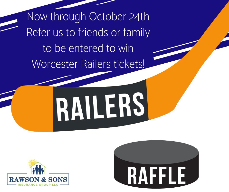 RawsonInsurance's tweet image. We're excited to be raffling off tickets to the Worcester Railers! Enter to win by referring us to friends or family. Winners will be announced on Thursday, October 25th. Great way to spend some time with friends and family enjoying Worcester hockey!