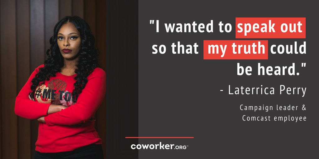 teamcoworker's tweet photo. Laterrica Perry, a campaign leader fighting alleged sexual harassment at #Comcast, opens up about her experience as an advocate and how she found the courage to tell her story→ https://t.co/vm0Em3gG4G
#TimesUp #MeToo #TimesUpComcast $CMCSA https://t.co/XMkUK66xGb
