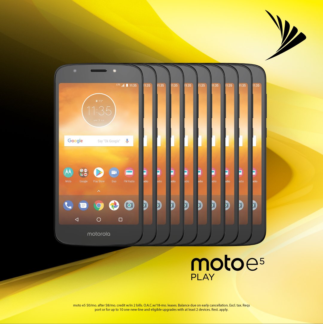 New phones for all when you switch to Sprint! Lease or buy any
phone &amp; get up to 10 moto e5 plays on us!