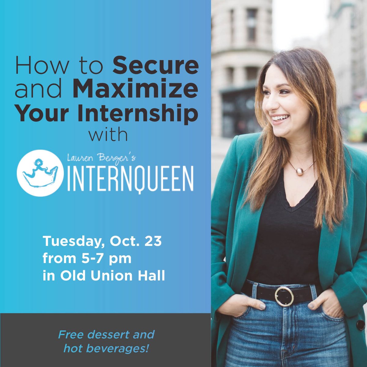 FleishmanCareer's tweet photo. Lauren Berger, the @InternQueen who completed 15 #internships at top companies while in college, will beΒ back on campus next week!Β If you are a current - or aspiring - #intern, this event is for you! Β @binghamtonu #internqueen #binghamtonu #FleishmanCenter https://t.co/BKXALWuRqR
