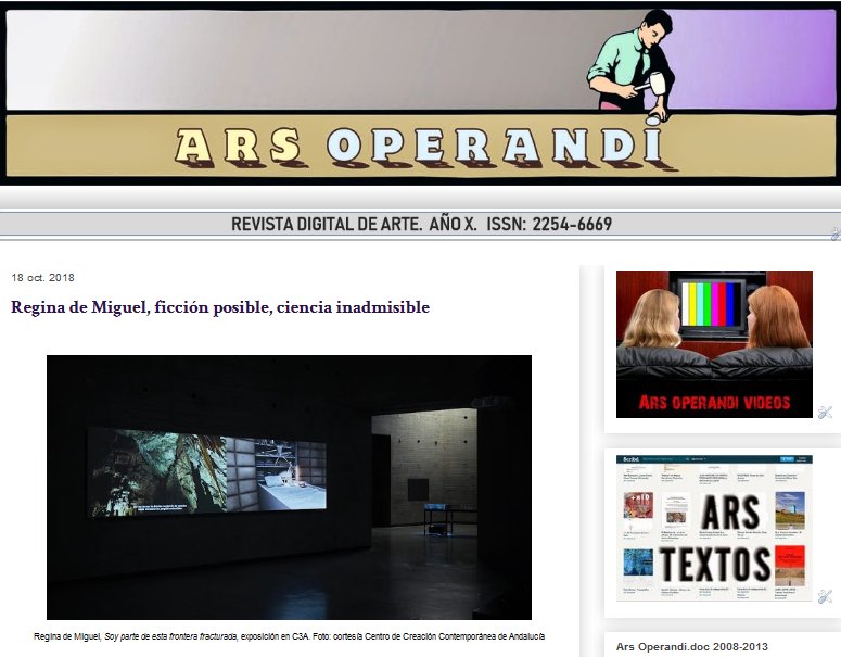 "Regina de Miguel, ficción posible, ciencia inadmisible", nuevo texto de Jesús España para Ars Operandi donde analiza la exposición de la artista malagueña actualmente en <a href="/C3A_Andalucia/">C3A Centro de Creación Contemporánea de Andalucía</a> goo.gl/v4FX5a