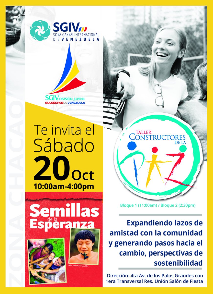 melusan's tweet photo. En el marco de sucesores de Venezuela los jóvenes de zona Chacao invitan al taller jóvenes constructores de La Paz, Los esperamos este sábado 20 de Octubre .... #constructoresdelapaz #kosenrufu #pazyhumanismo #sgi #sgiv https://t.co/4YzU21VmMw