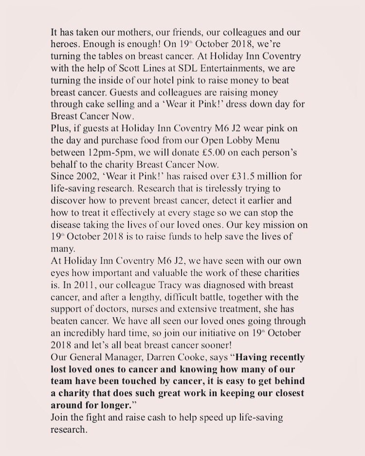 Fancy a FriYAY break? Wear It Pink and join us for lunch <a href="/HICoventryM6J2/">Holiday Inn Coventry</a> in our Open Lobby Restaurant and support such a fantastic cause tomorrow, 19th Oct 2018! <a href="/breastcancernow/">Breast Cancer Now</a> <a href="/scottysdl/">scottysdl</a> <a href="/wearitpink/">wear it pink</a> #beatcancer #charity #awareness #breastcancerawareness #research 💁🏻‍♀️👚👛🎀💁🏻‍♀️