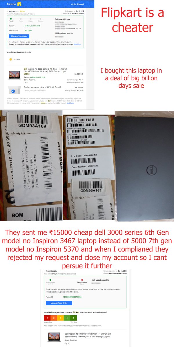 AnkitManglic's tweet photo. #Flipkart is a big time #cheater they sent me ₹15000 cheap laptop and when I complain they rejected my request and close my account I would request everyone to  #NeverShopOnFlipkart #dell #Amazon #onlineshopping #bigbillionday #ShutDownFlipkart  @Flipkart @Dell @FlipkartStories https://t.co/i05Fz3Woqj