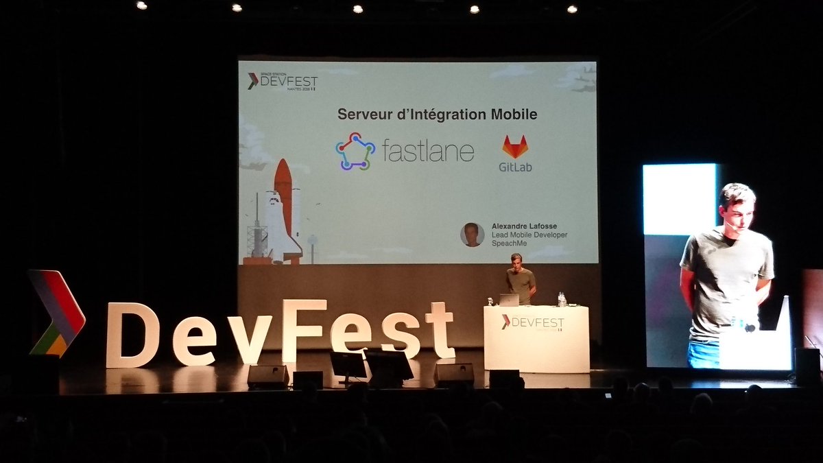 Final talk of day #1 at #Devfestnantes,  by listening to <a href="/lafalex/">Alexandre Lafosse</a> and his tips on building #CI with #Gitlab and #Fastlane
