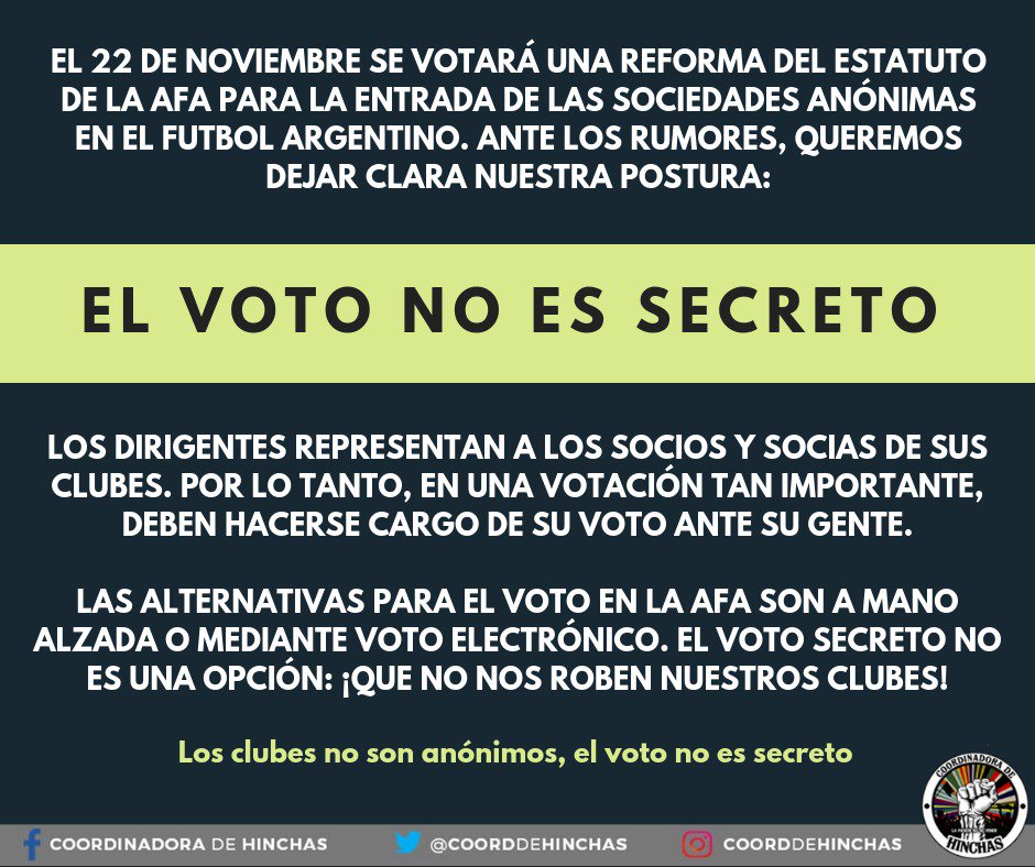 #NoALasSAD Los clubes no son anónimos, EL VOTO NO ES SECRETO. #TodxsSomosHinchas #LaPasiónNoSeVende