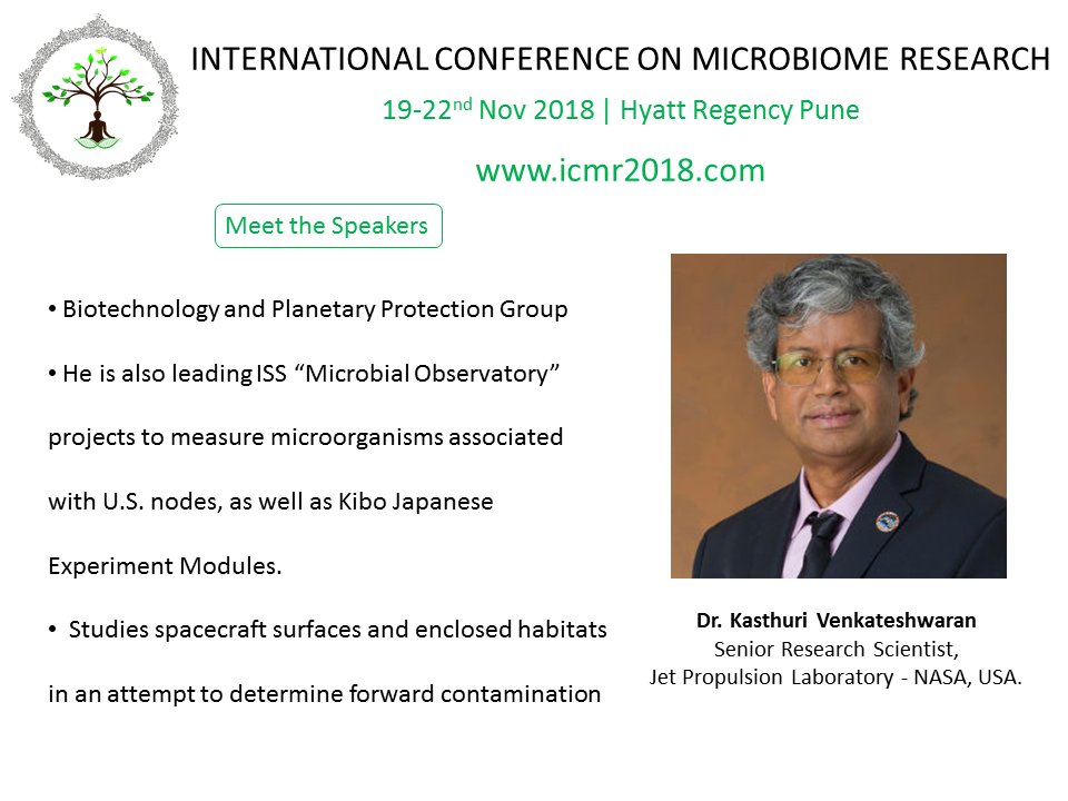 icmr_2018's tweet photo. #MeetTheSpeakers Talk by Dr. Kasthuri Venkateshwaran from @NASAJPL at @icmr_2018 @theysslab @YShouche @NCCS_Pune @NCMR_Pune @JPL_Technology @Caltech @NASA @ISS_Research #MicrobialObservatory #NASA #microbiome #MicrobiomeIndia #ICMR2018 @IAScBng @DBTIndia https://t.co/YGDFVDk3d8