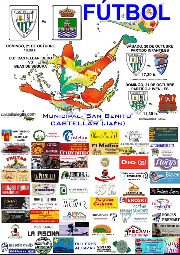 Fin de semana de fútbol.
Tres partidos podremos disfrutar en Castellar.

El sábado a las 17:30 horas nuestro infantil recibe al Tugia Juego Limpio.

El domingo a las 11:30 nuestro juvenil recibe al C.D. Huelma.

Y para el domingo queda  el senior juega a las 18:00  con <a href="/CD_BEAS/">C.D BEAS DE SEGURA</a>