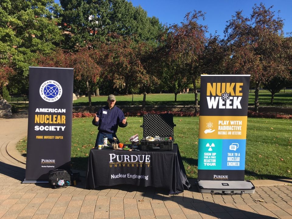 The #NukeWeek ANS booth. We may have run out of reactor tour slots, but there are still tons of nuclear goodies and gadgets you can explore at the booth! Come on by the Engineering fountain to check us out!