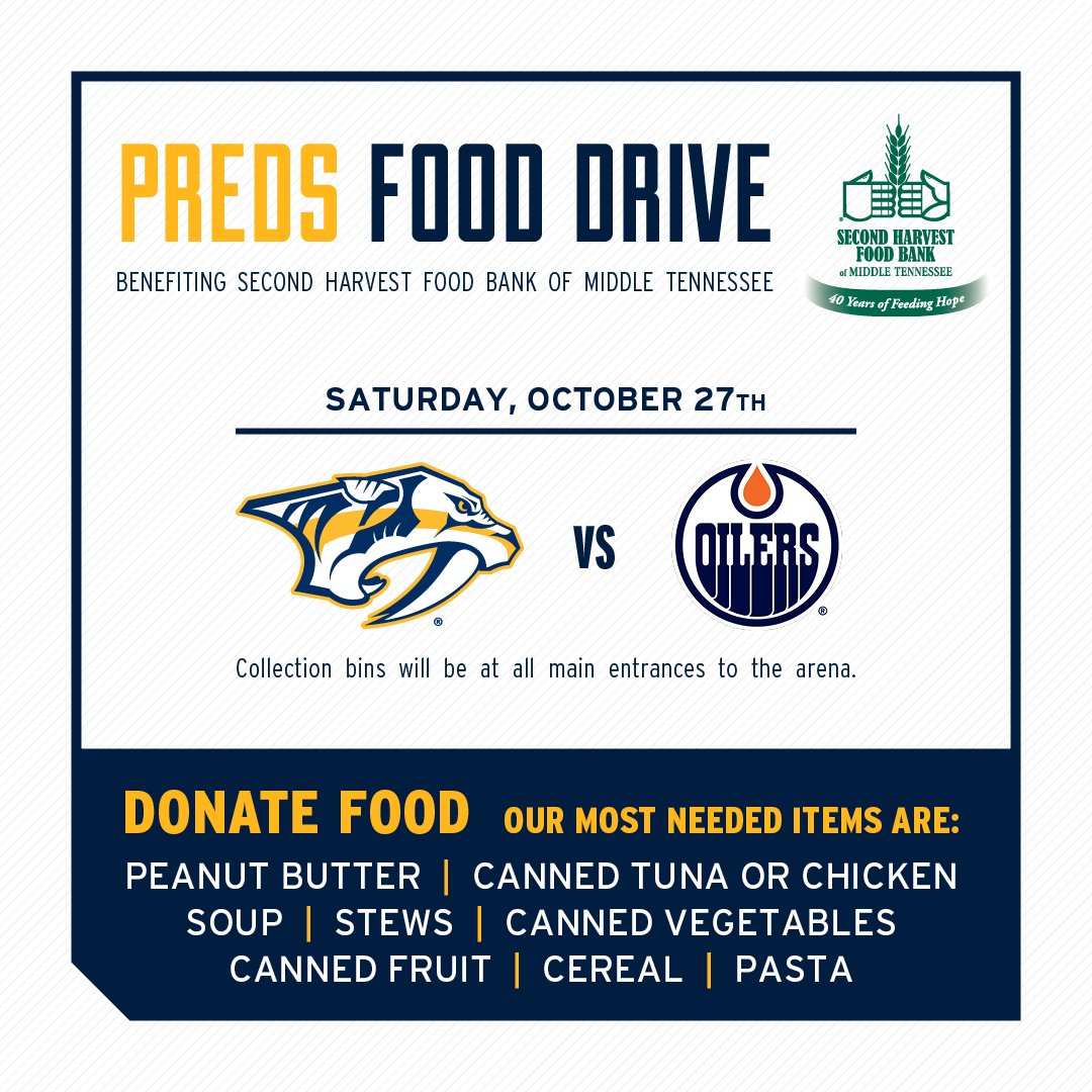 Mark your 🗓, #Smashville!  The #Preds Food Drive is on 10/27 and benefits @2HarvestMidTN! https://t.co/4JqGf9z6Jz