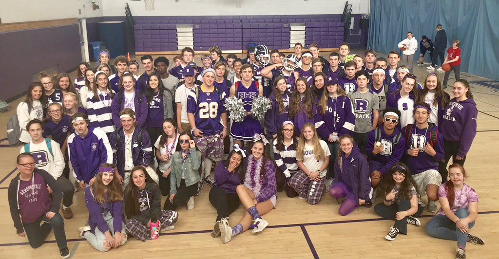 PrincipalCetner's tweet photo. Today is Purple Pride Thursday at BHS - students in first lunch & second lunch showed off their #bournespirit - Also, the 2018 Homecoming Court was announced this morning! #wewearpurple #HoCo2018 #bournespiritweek @bournehs @bps_slam @mryanbps https://t.co/BxR6H43OBV