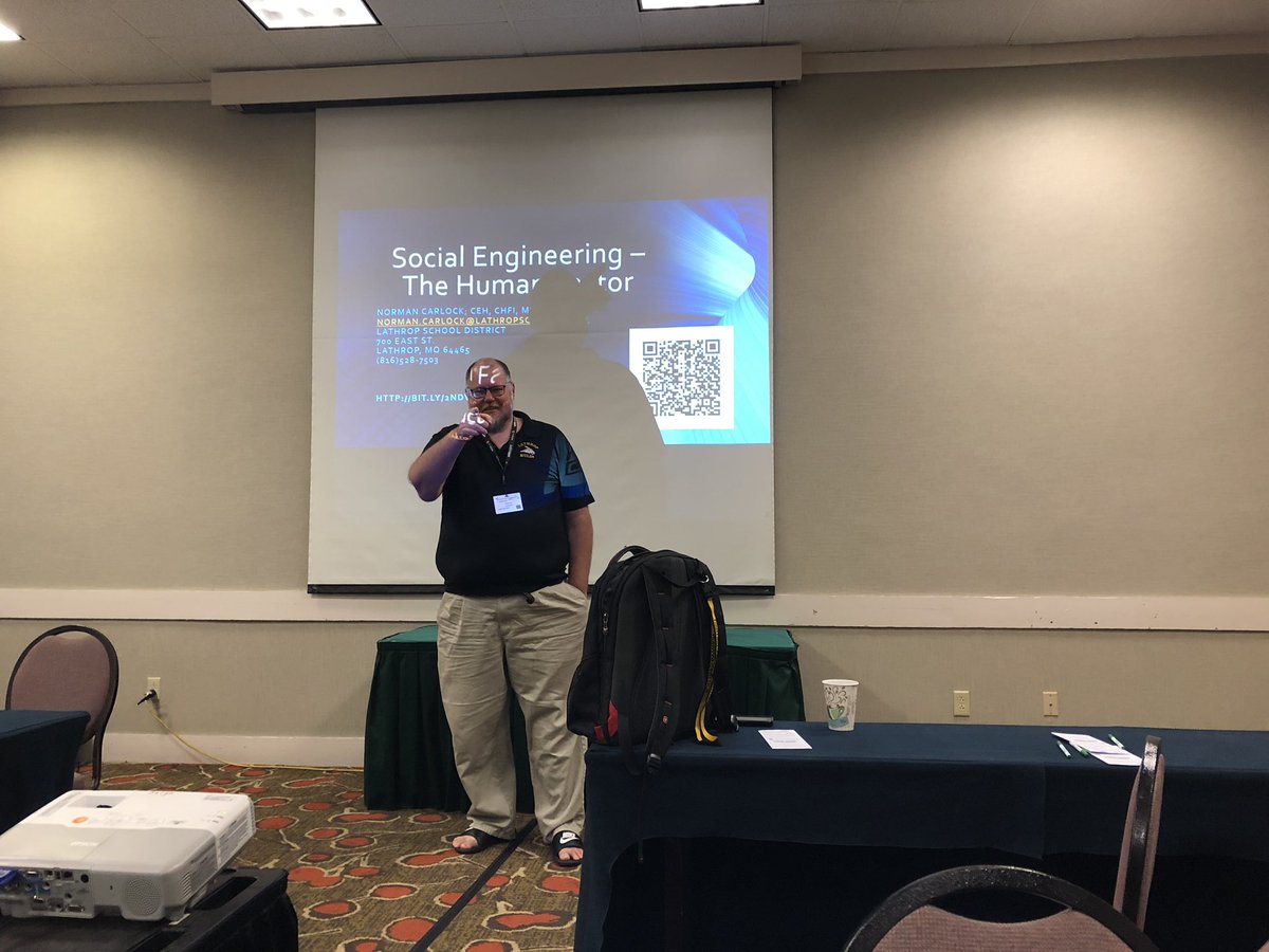 MrsJ_Hernandez's tweet photo. @lathropschools @MOREbyMOREnet Mr. Carlock is sharing about Social Engineering today at #MOREnet2018 #moedchat #etcoaches https://t.co/KJSymJpHYn