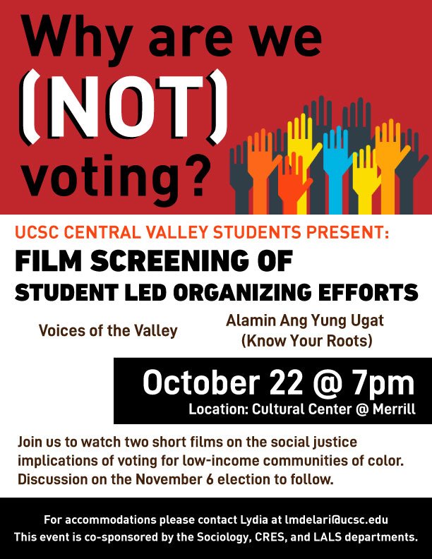 Why are we (NOT) Voting?

Join UCSC Central Valley students at a film screening and discussion
October 22 7:00pm
Merrill Cultural Center