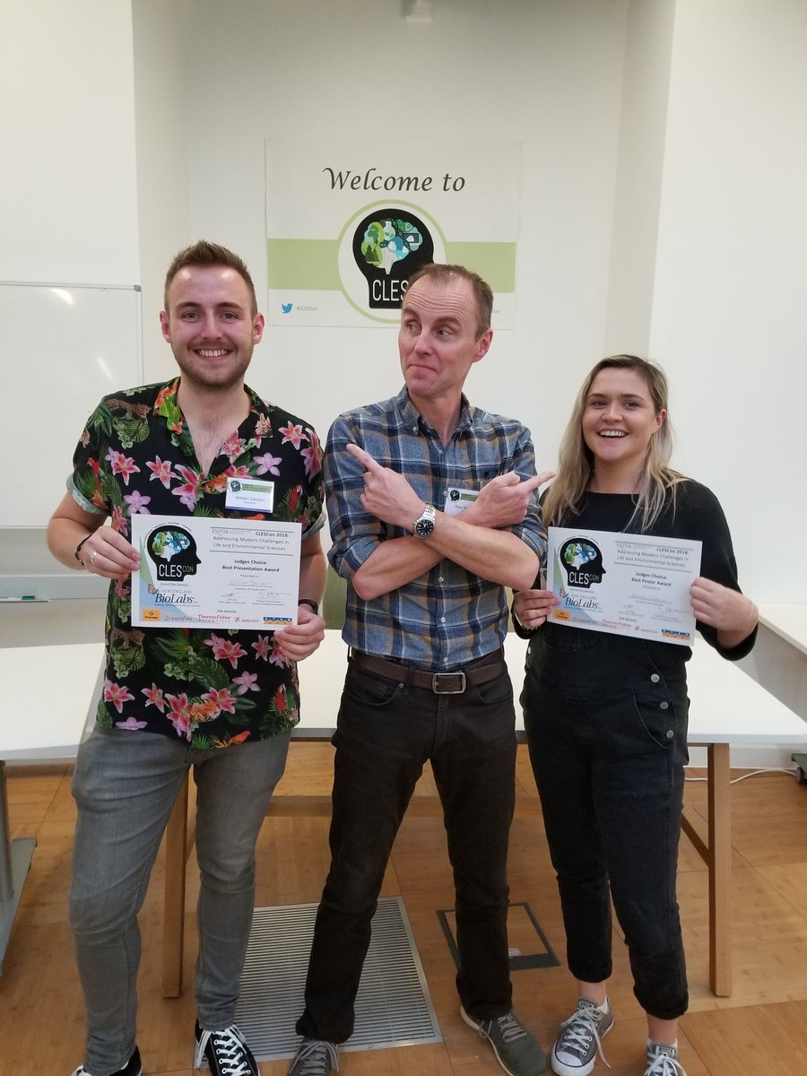 ClesCon's tweet image. @willd2408 and @H_R_Goodrich with their supervisor @fishycarb celebrating their wins of Judges&apos; choice talk and poster! Congratulations! #CLESCon #winning