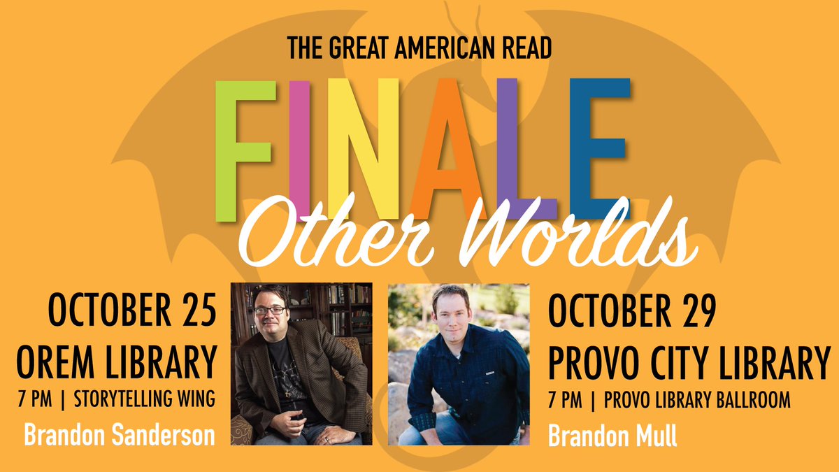 OremLibrary's tweet photo. One more week until Brandon Sanderson visits the OPL to discuss "Other Worlds" on Oct 25, 7-8pm, one of the last Great American Read events. Bring your favorite title for him to sign or buy a new one. #GreatReadPBS #KUED #OPLPrograms #UtahHumanitiesCouncil https://t.co/rr0FKfHSDJ https://t.co/Ify0zU7Kka