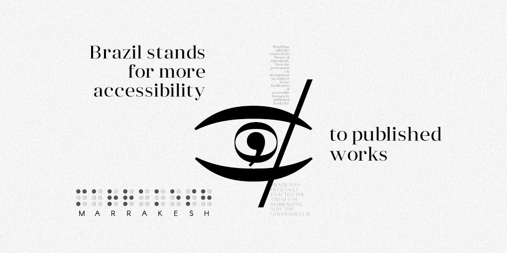 The image is in white and black shadows. “Brazil stands for more accessibility” is displayed on the upper left side. As for the lower left side, there’s a dot pattern simulating the braille alphabet system and the word “Marrakesh”. In the center punctuation symbols form the image of an eye. On the right side there’s the rest of the text “to published works”