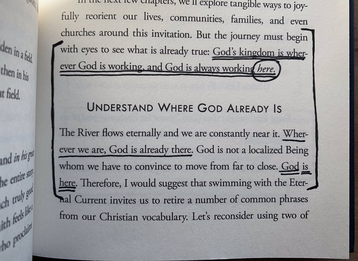 aaronieq's tweet photo. I’ll share a few thoughts from chapter three in #TheEternalCurrent on why “God is HERE” is such a crucial and life-changing posture (rather than believing God is somewhere else unless we can convince him to “show up”). https://t.co/TF6B0Bmg5Y