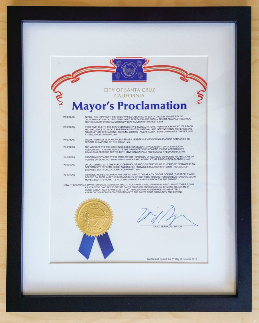 FishWiseOrg's tweet photo. October 5 is officially 'FishWise Day' in Santa Cruz! We received a Mayor's Proclamation acknowledging our anniversary & the work we’ve done to help seafood companies become champions of the ocean! Read the full proclamation: https://t.co/bIRllLGifa #FishWise #sustainability https://t.co/SvvrzwuNVm
