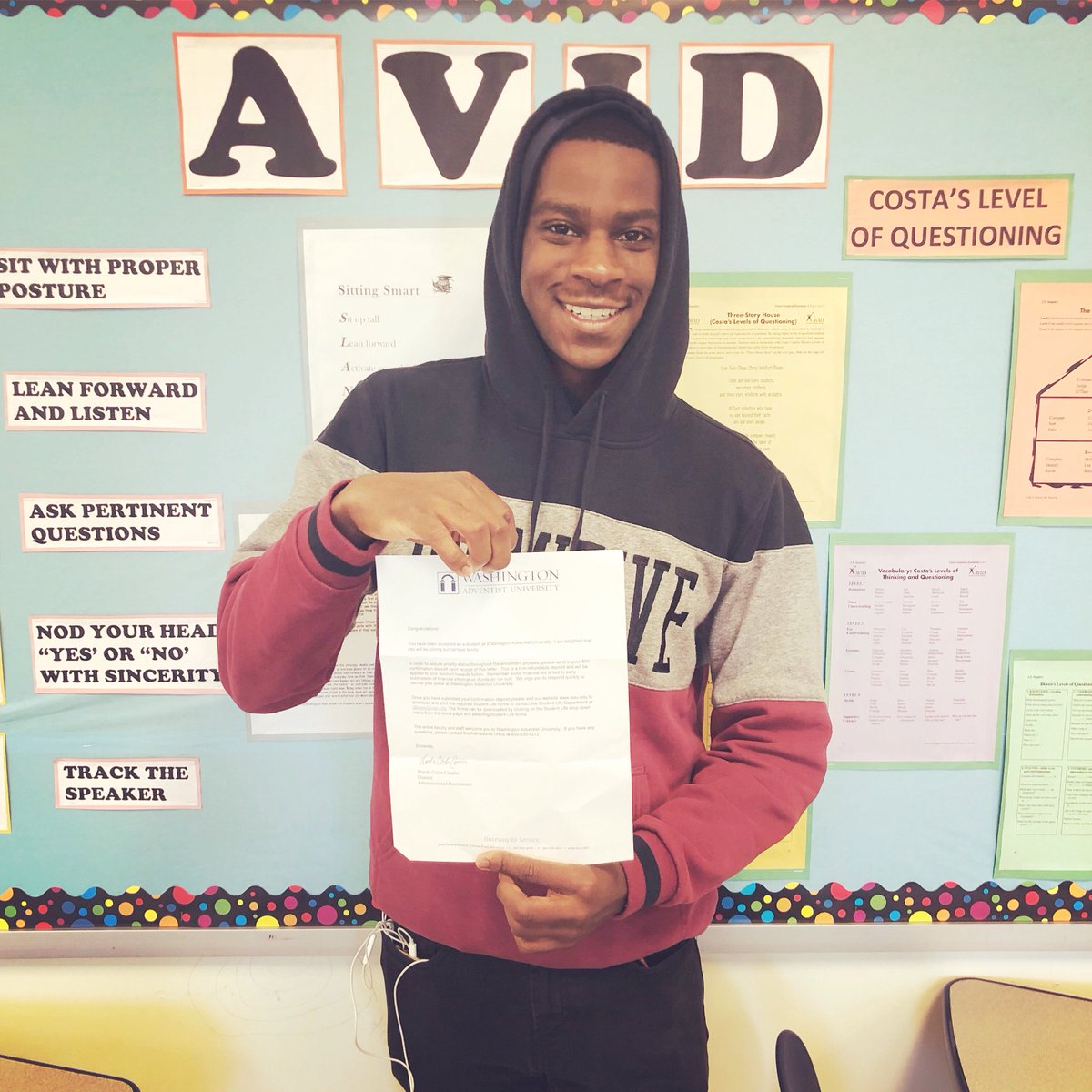 AVIDLARGOHS's tweet photo. Congratulations to one of my Senior AVID students (Kameron) on his acceptance to Washington Adventist University(WAU).
Great Job Kameron! @teach2dfuture @AVID4College #collegebound https://t.co/4vIoBiXdjj