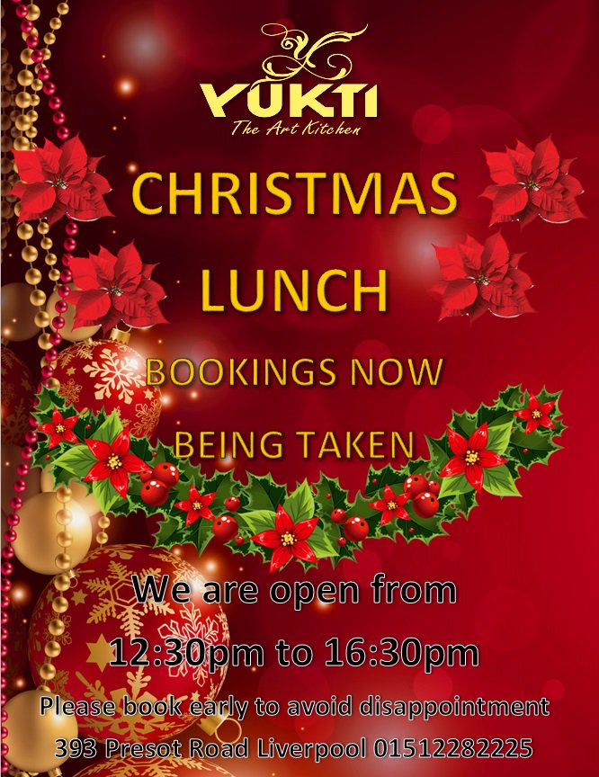 TheYukti's tweet photo. Make your reservations now for Christmas party!Christmas Day! New year Evening!To avoid disappointment please give us a call on #01512282225 #www.yukti.co.uk
check Christmas Lunch menu on https://t.co/40YN3Xpk8Q

#Yukti #TheArtKitchen #PrescotRoad #Terms&amp;Conditions #Liverpool https://t.co/yASRYAdHVQ