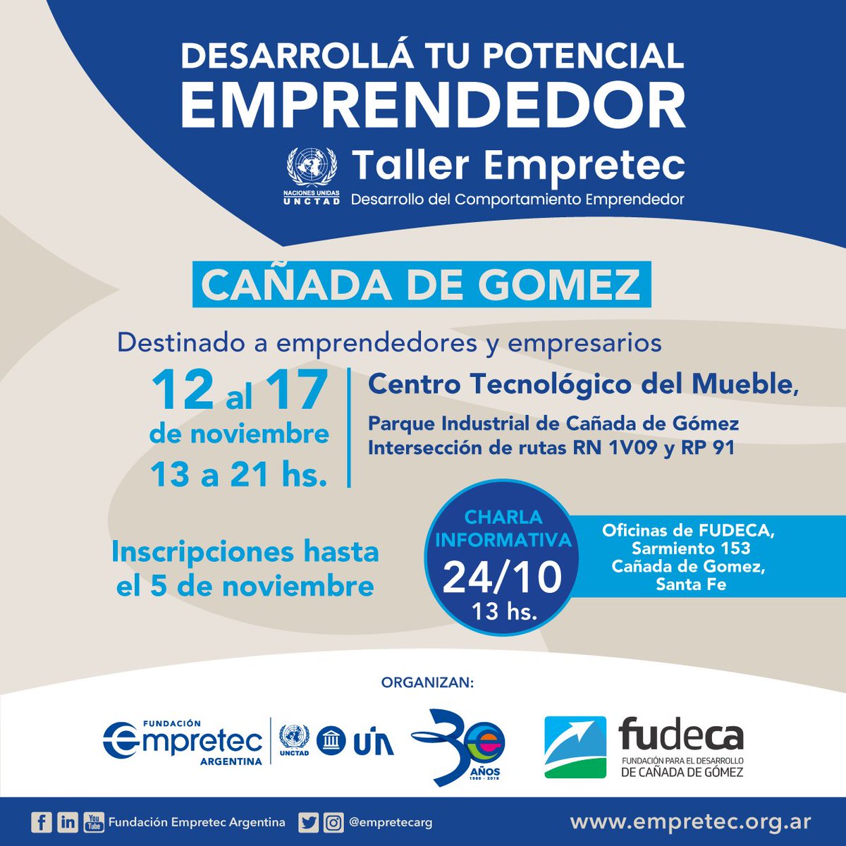Taller para desarrollar tu potencial EMPRENDEDOR Más información 👉🏽fudeca.org.ar/noticia.php?id…
