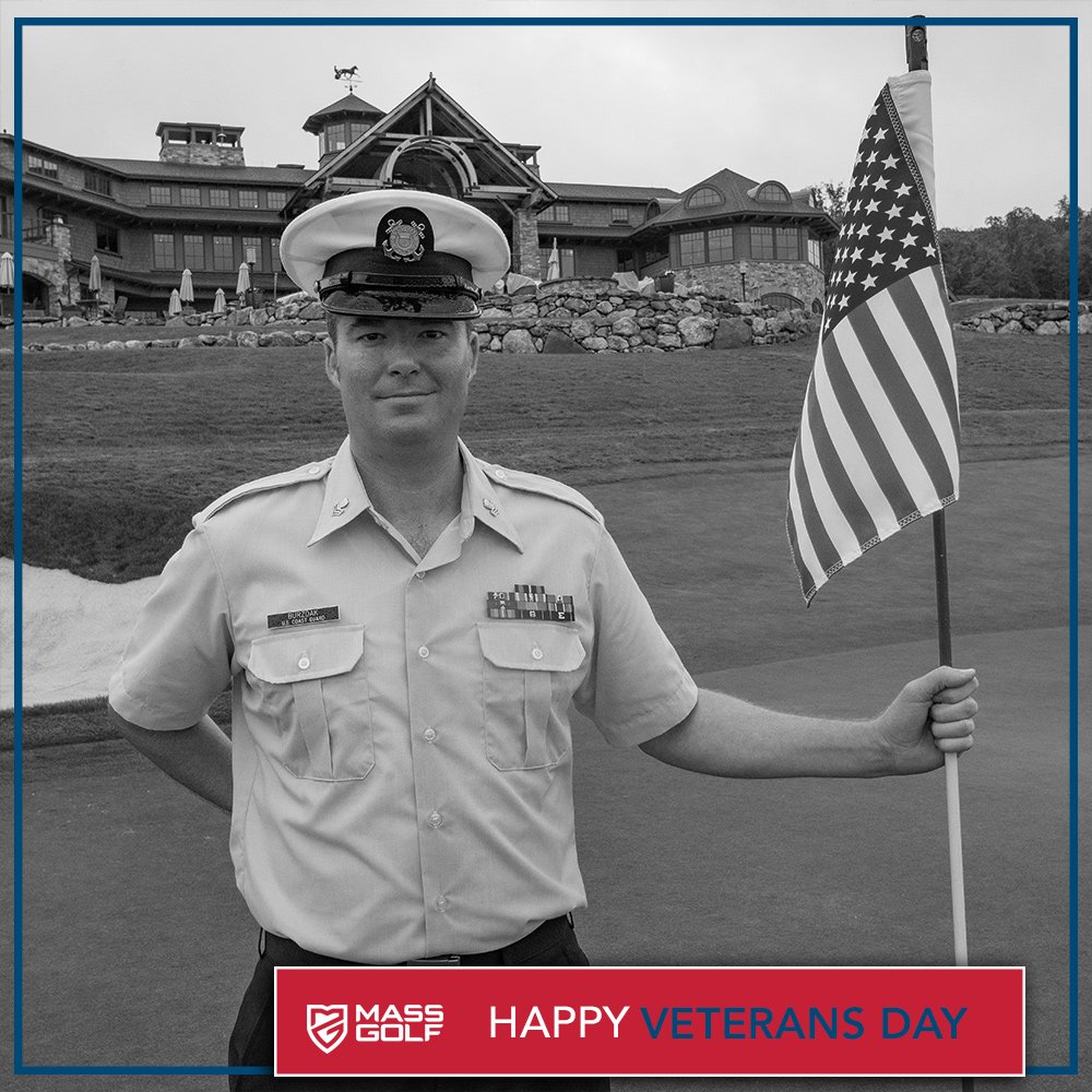 #MassGolf wishes a Happy #VeteransDay to all those who have served our great country! This year, we were honored to have @USCG Petty Officer 1st Class Tom Burzdak, of @GreatHorseClub, serve as the honorary flagstick attendant at the #MassOpen. #ThankAVet