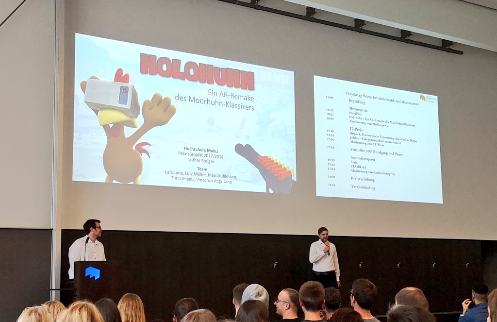 DICE_TeresaL's tweet photo. Heute durften wir den #Innovationspreis an der @HS_Mainz im Rahmen des Projekttages #Wirtschaftsinformatik und #Medien #2018 verleihen. Herzlichen Glückwunsch an die Gewinner! #holohuhn #pidrive #claire32 War ne super Veranstaltung! https://t.co/0nx8qT4p9o