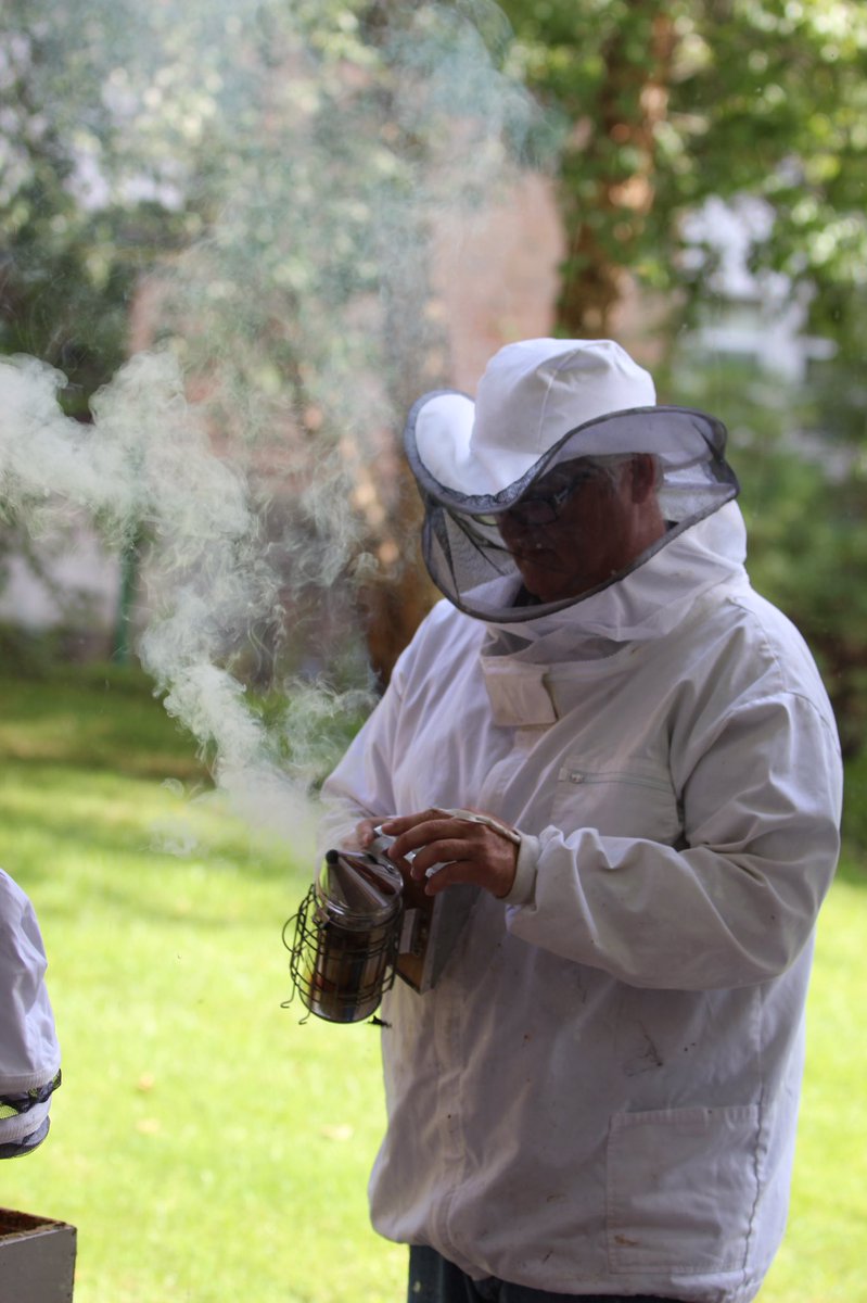 msuatmcc's tweet photo. Program Coordinator, Clarence Rudat, taking care of the honey bees on the campus of MCC for the Michigan State Institute of Agriculutual Technology. Helping keep the bee population alive in West Michigan. https://t.co/iUgosW2QGQ