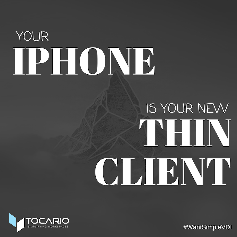 The coolest #ThinClient ever is your personal #iPhone. Just connect it to your screen and keyboard and ready is your #ThinClient. Your iPhone display acts as touchpad. Test it out @tocario_com, it is so cool. #WantSimpleVDI #VDI #VirtualDesktop #DaaS #SelfService #CloudTech