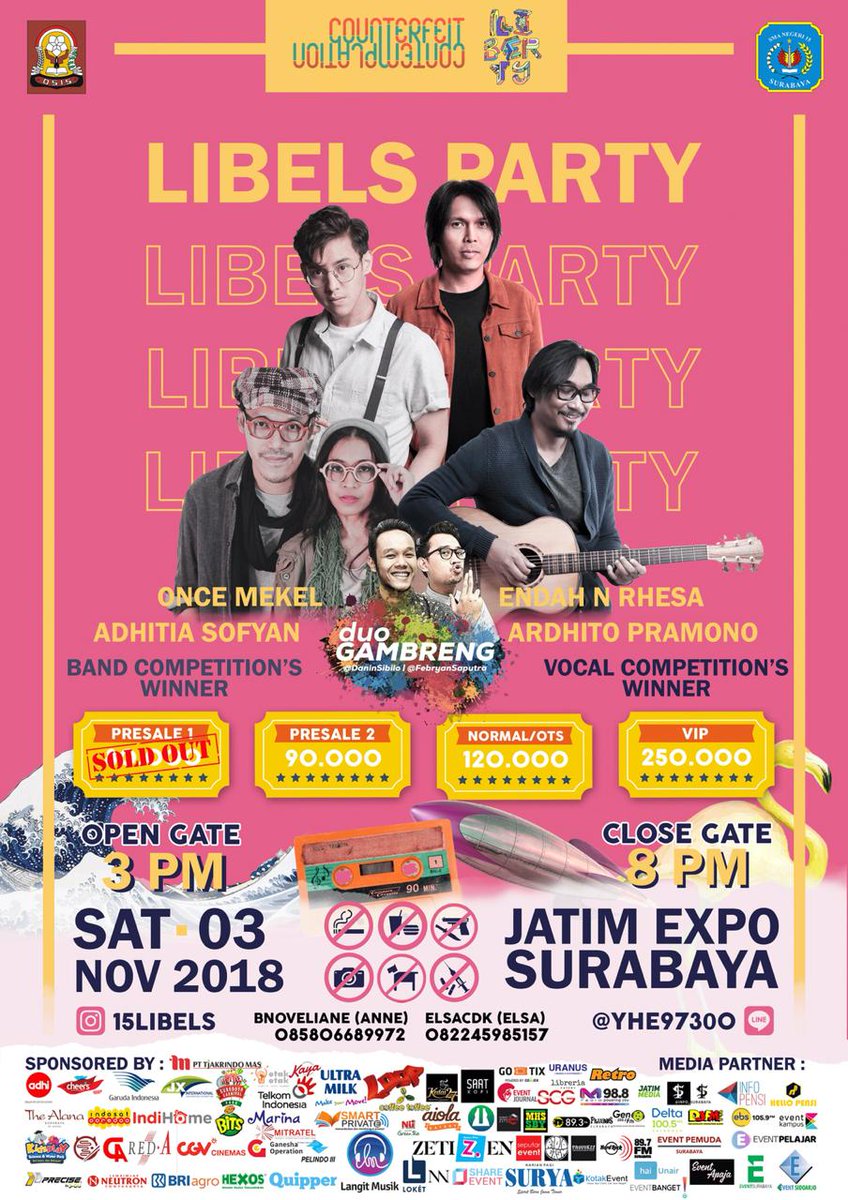 endahNrhesa's tweet image. Saksikan penampilan kami dalam acara Libels Party 2018 di Jatim International Expo hari Sabtu (03/11), pukul 19.25 WIB. HTM: Pre Sale 2: Rp. 90.000,-, VIP: Rp. 250.000,-, OTS: Rp. 120.000,-. Akan ada booth Earmerch juga di sana. Yuk, datang! 😉

More Info : IG : @15libels