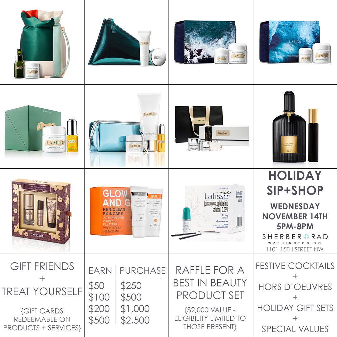 sherberandrad's tweet photo. Our annual HOLIDAY SIP + SHOP returns 11/14. RSVP to attend + to be eligible for our best in #beauty raffle valued at $2000, featuring #lamer @NaturaBisse_Int @TOMFORD @CaudalieUS @RENskincare @versoskincare @skinmedica @JamesReadtan #troiareuke. #skincare #makeup #WashingtonDC https://t.co/PXDqklRVHJ