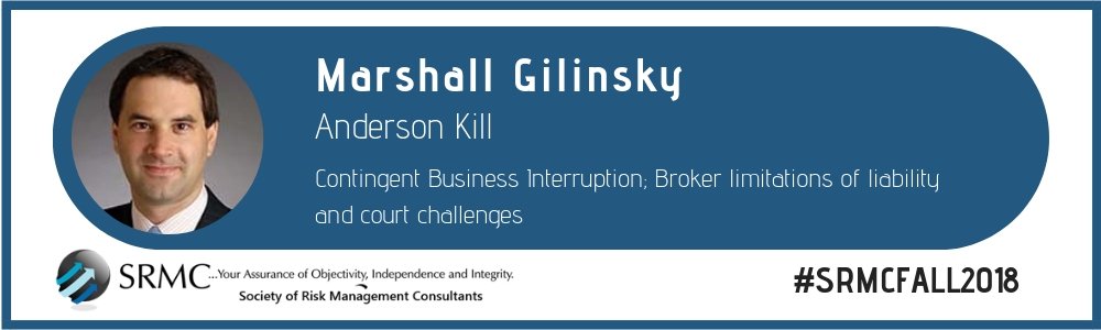 srmcsociety's tweet photo. How important is Contingent Business Interruption? What about Broker Limitation on Liability? Marshall Gilinsky of @AndersonKillLaw guides participants through these intricate issues at the #SRMCFall2018 Conference. @srmcsociety @TheDriskill #riskmanagement #riskconsultants https://t.co/QDSmXQYdOJ