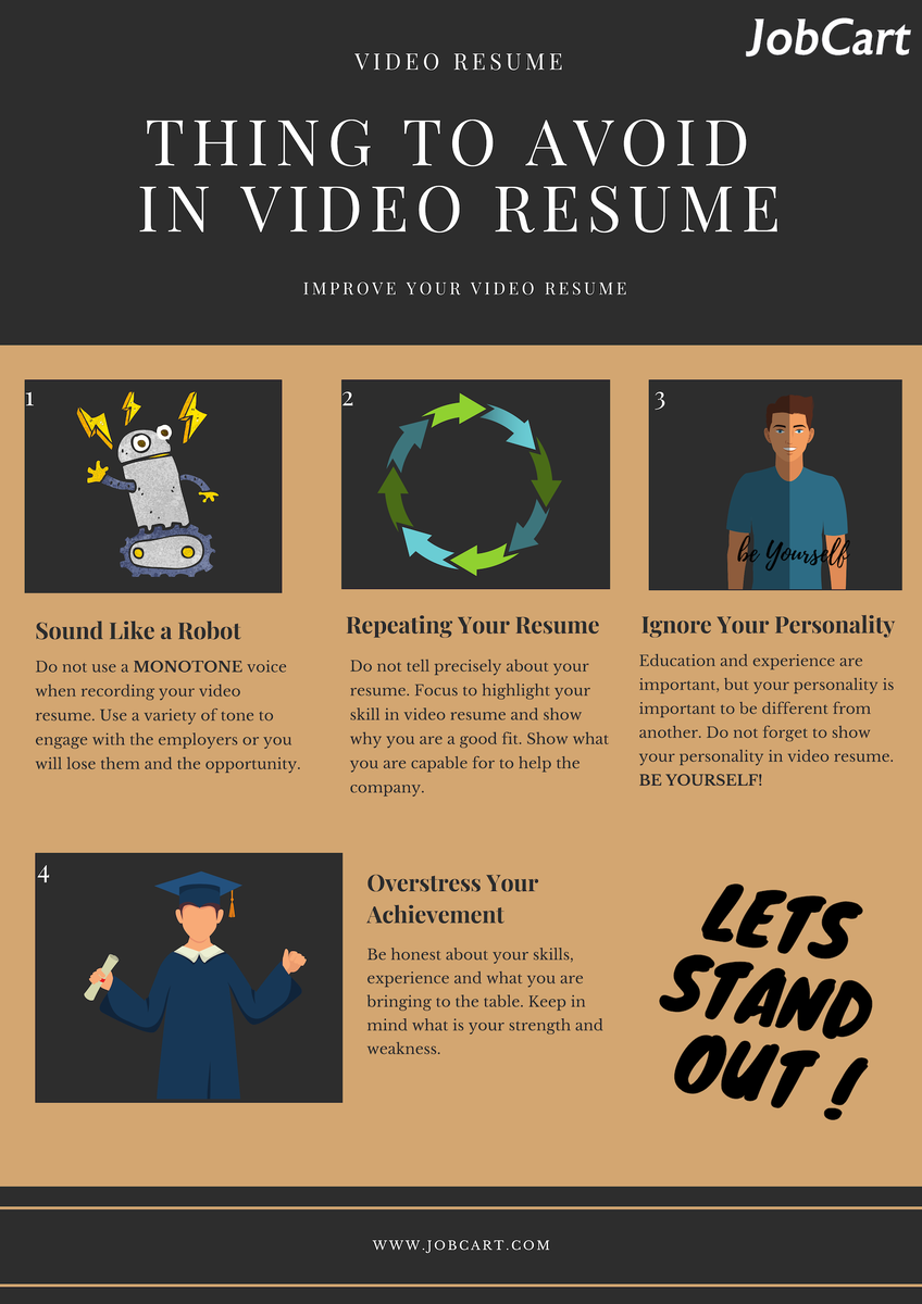 Job_Cart's tweet photo. Everything have Dos and Don'ts, include video resume.
Avoid it and make it your video resume to become great and interesting.
Let stand out from others by making video resume, upload it at https://t.co/74v13px9VF
#JobCart #videoresume #standout #creative #freshgraduate https://t.co/ZNC8saOGdf