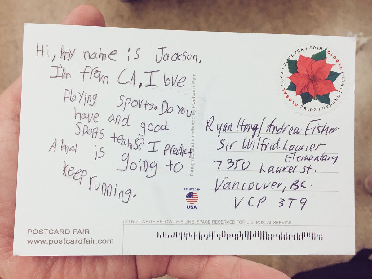 MrHongsClass's tweet photo. Day 55: Students/teachers were excited to receive a postcard from California! It’s from a boy named Jackson in Sacremento? Where do we send ours to? #vsblearns #vsb39 Learning w/ @mrfishersclass #thelearningneverstops @aishacs #globalreadaloud #globalreadaloud2018 #amalunbound https://t.co/4lMBcK2U8h
