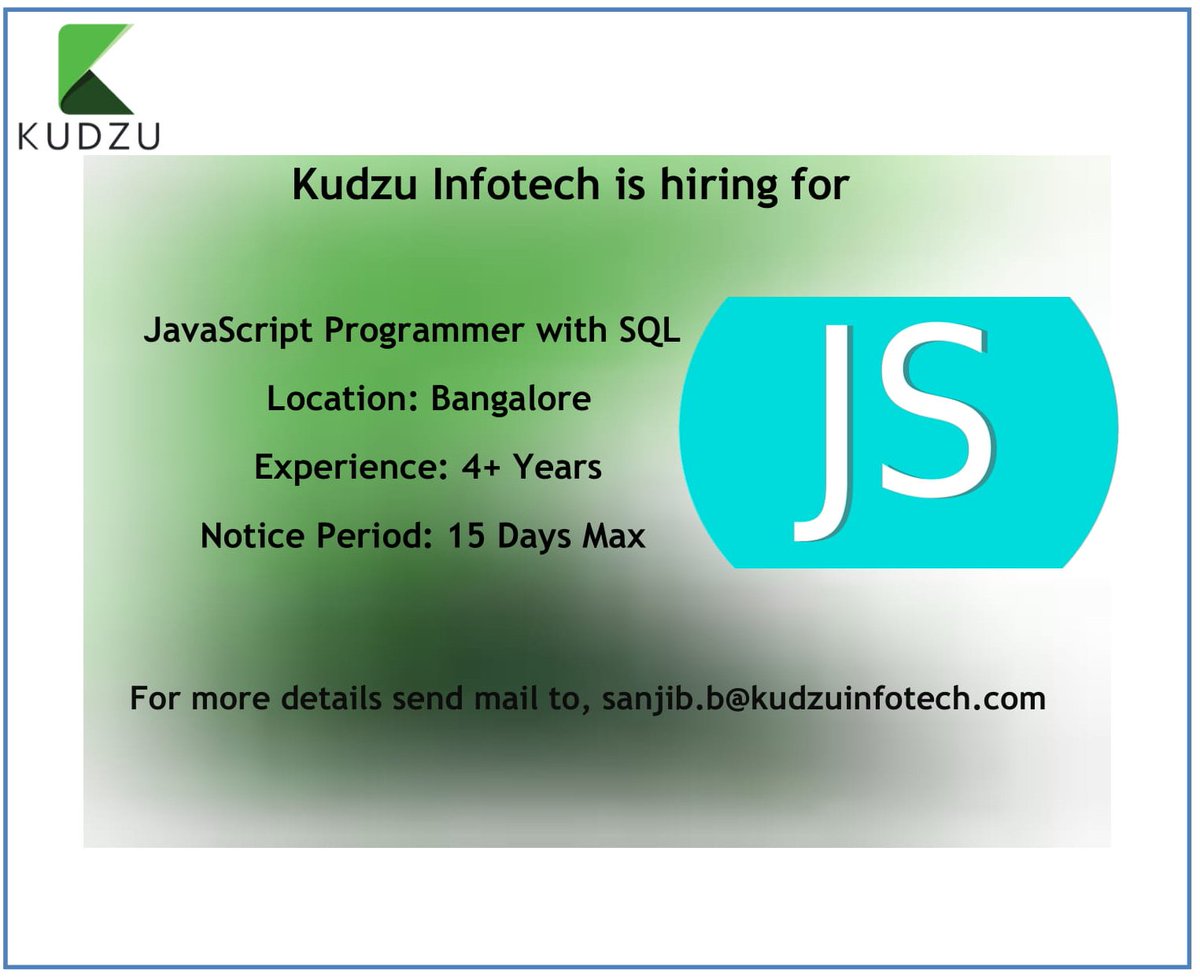 sanjib_bardhan's tweet image. Hi All,

We have a #jobopportunity for #javascriptprogrammer with #sql for a Multinational IT Corporate. Interested jobseekers feel free to call me @ 9874773472 or send your updated resume to, sanjib.b@kudzuinfotech.com
