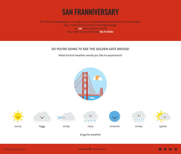 negin_jm's tweet photo. Today is my 7th San Franniversary and to celebrate I have designed and developed this landing page. Check out https://t.co/rKdOqJFzOw and let me know what you think!!! 🎯🐘🐅♥️🌁🌉
#sanfranniversary #sf #alwayssf #foreversf #lovesf #citybythebay #goldengatebridge https://t.co/ctlXLbYLWl