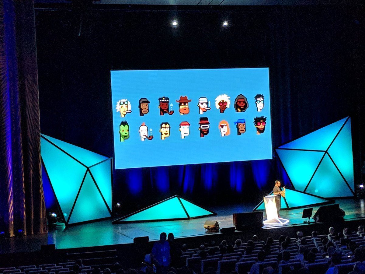SuperRareLabs's tweet photo. Our fave early crypto collectible project @CryptoPunks_Fan getting a shout out on stage at #DevCon4 with @songadaymann https://t.co/aO7BhWH9qA