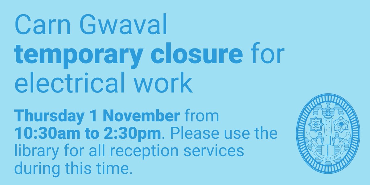 Council of the Isles of Scilly (@ioscouncil) on Twitter photo The Carn Gwaval site, including gym and customer hub, will be shut on Thursday 1 November from 10:30am to 2:30pm.
Please use the library for all reception services during this time or contact us on 0300 1234 105 or enquiries@scilly.gov.uk
scilly.gov.uk/news/carn-gwav… #Scilly The Carn Gwaval site, including gym and customer hub, will be shut on Thursday 1 November from 10:30am to 2:30pm.
Please use the library for all reception services during this time or contact us on 0300 1234 105 or enquiries@scilly.gov.uk
scilly.gov.uk/news/carn-gwav… #Scilly