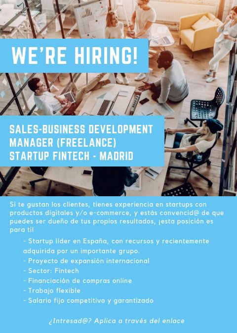 WisarTR's tweet photo. 📢 We're hiring! En @WisarTR buscamos a un Sales/Business Development Manager, con mucho talento y pasión por su trabajo, para liderar el área comercial de una de las #startups más importantes del sector #Fintech en España. Aplica aquí 👉 https://t.co/SoLaujfCIB #OfertaTrabajo https://t.co/ZqveESm650