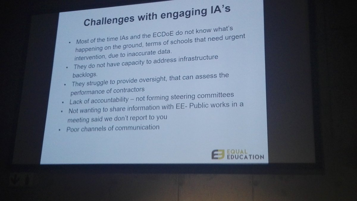 Implementing agents in charge of school infrastructure must be held accountable says Itumeleng Mothlabane of <a href="/equal_education/">Equal Education</a> at the launch of their implementing agents report. <a href="/sarahficktweets/">Sarah Fick</a> and <a href="/Lisa_Draga/">Lisa Eaves Draga</a> of UWC in attendance